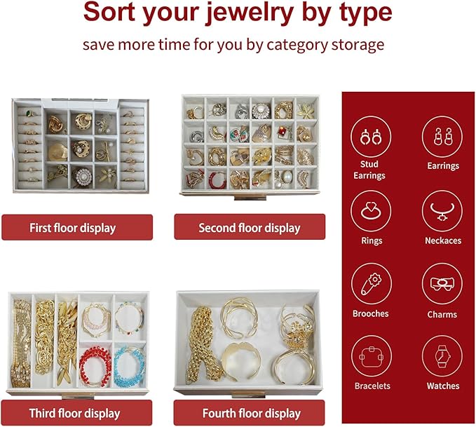 BOOVO Jewelry Boxes for Women, 5 Layer Jewelry Organizer with Necklace Hanger and Drawers, Large Jewelry Box for Earrings, Ne