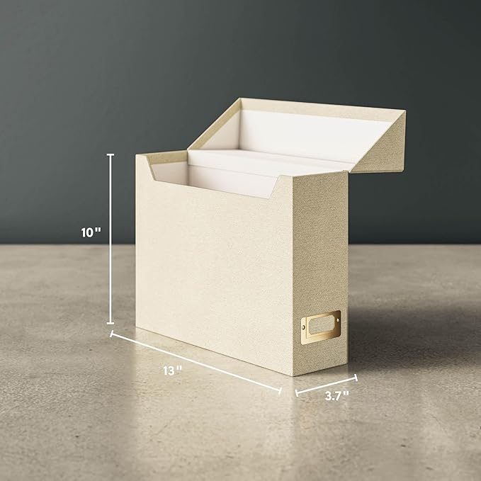SMEAD Flip Top File Box, 10" x 3.7" x 13", Beige Natural Linen, Gold Metal Nameplate (70232)