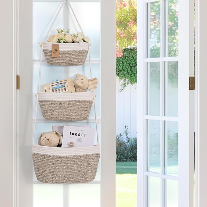 Hanging Storage Baskets, Over the Door Basket, Cotton Wall Baskets Storage, Hanging Door Basket with 4 Hooks