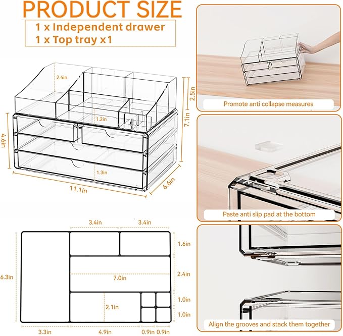 Yieach Acrylic Make up Organizers for Counter,Desk and Vanity,2 Pack Stackable Bathroom Counter Organizer with Drawers,Large 