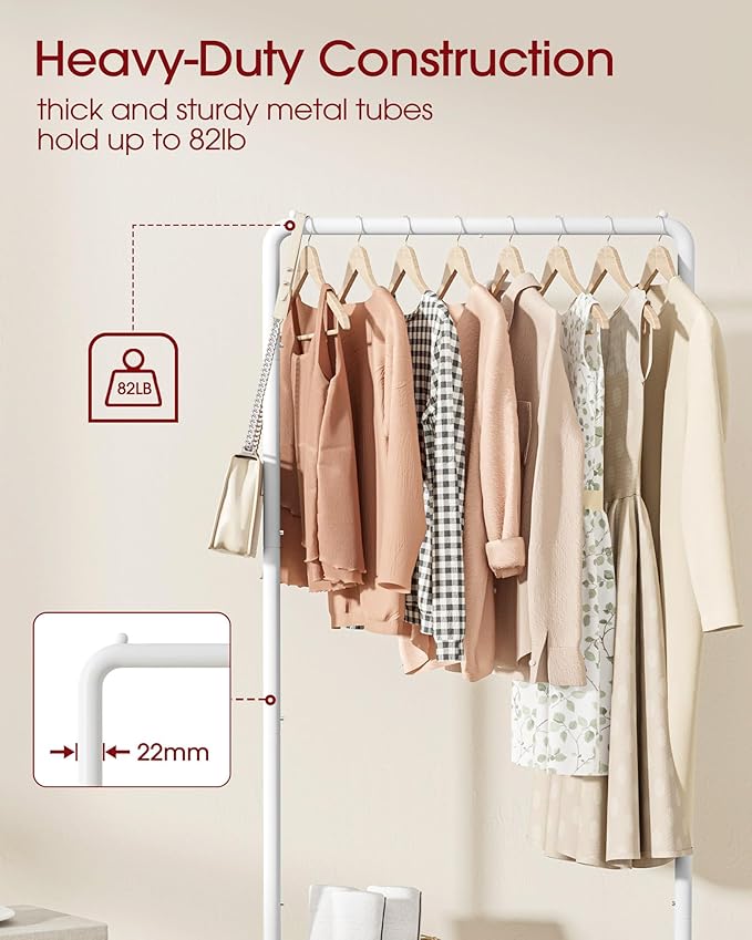Sakugi Clothes Rack - Clothing Rack with Storage Mesh Shelf & Casters, Heavy-Duty Metal Clothing Rack for Hanging Clothes, Dr