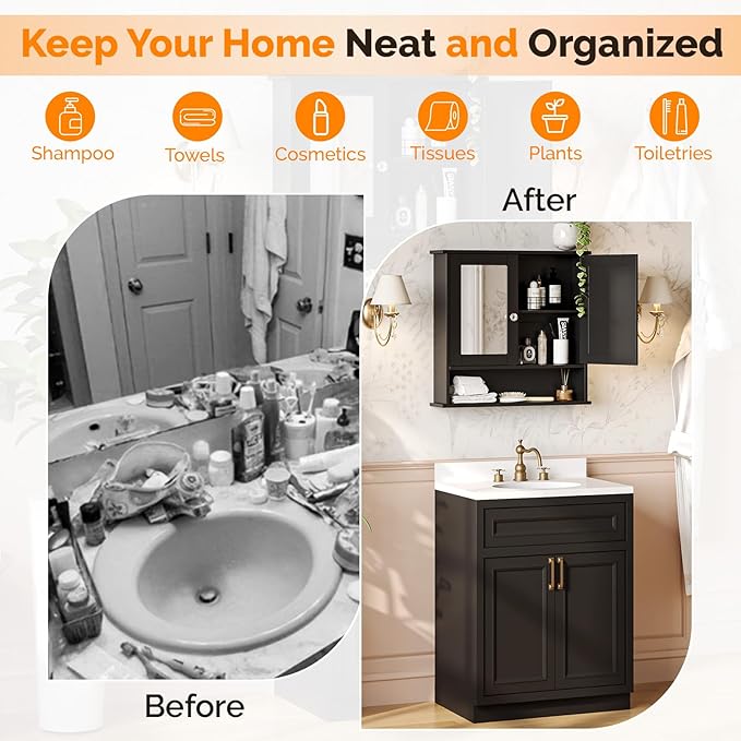 VINGLI Black Medicine Cabinet with Mirror, Wall Mounted Bathroom Cabinet with Open Shelf, 2-Door Hanging Storage Organizer Ov