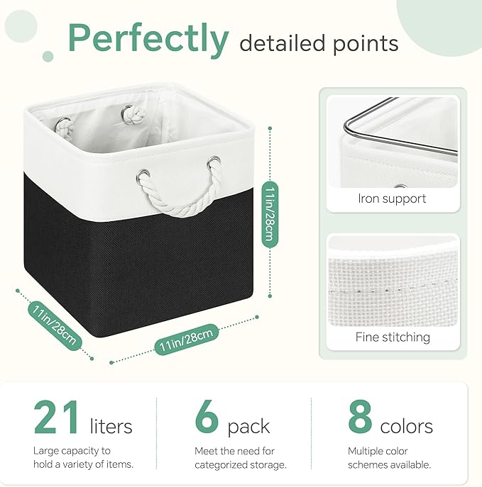 FinishingBo Large 11x11 Inch Cube Storage Bins with Cotton Handles for Closet, Shelves, Clothes, Towel (White/ Black-6 Pack)