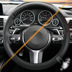 Leather Patchwork Black Steering Wheel Cover, 14.5-15 Inch Non-Slip Breathable Microfiber Car Steering Wheel Protector