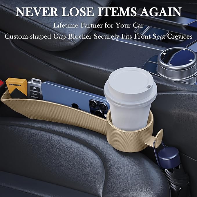 Car Seat Gap Filler Set of 2, Upgraded Car Side Seat Gap Fillers with Organizer, Cup Holder & Hook Function, Inserts Between Front Seats Console Catcher 4in1 Gap Stopper Fill Plug Storage Box (Beige)