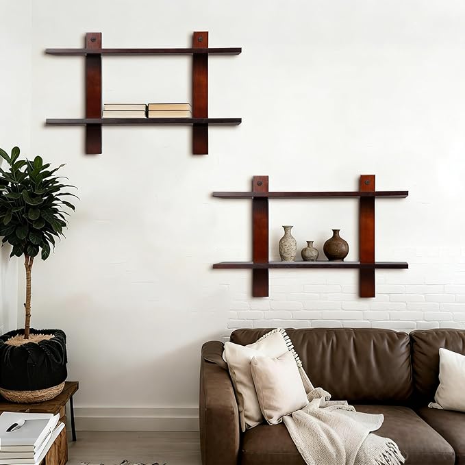 Floating Shelves for Wall Set of 2 Long 2 Tier Wood Wall Mounted Shelves Mid Century Modern Decorative Storage Plant Photo Di