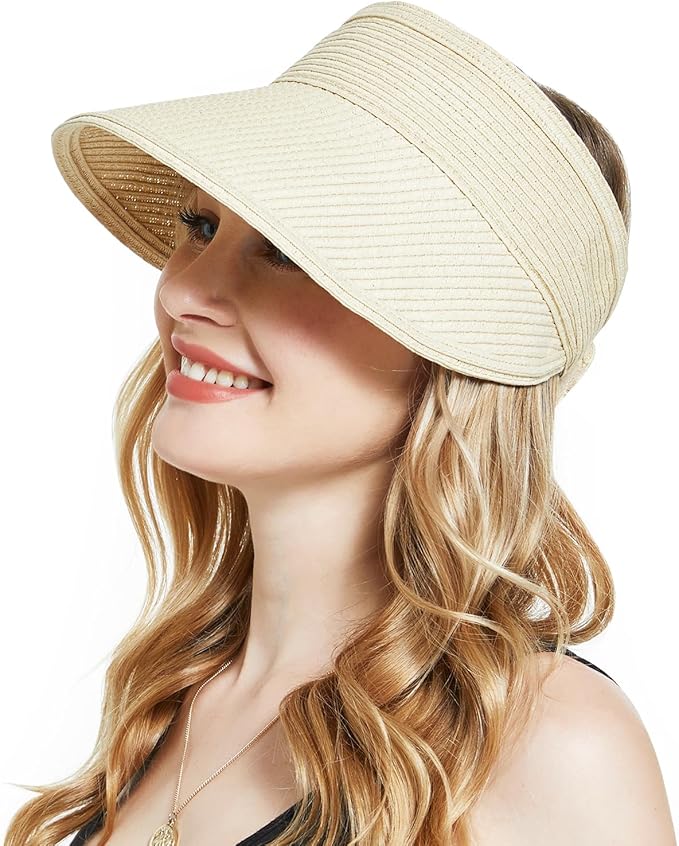 Sun Visor Hat for Women, Wide Brim Straw Summer UV Protection Hat, Foldable Roll-up Packable Beach Cap