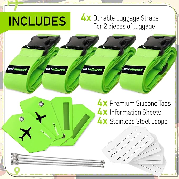 Untethered Ultimate Travel Set: 4 Premium Luggage Straps and 4 Silicone Tags - Secure & Identify Your Bags with Ease (Green +
