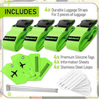 Untethered Ultimate Travel Set: 4 Premium Luggage Straps and 4 Silicone Tags - Secure & Identify Your Bags with Ease (Green +