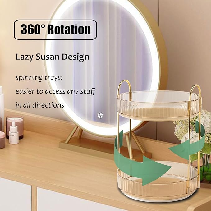 Rotating Makeup Organizer Countertop 2 Tier Lazy Susan Trays Clear Skincare Perfume Storage for Bathroom Counter Vanity, Ambe