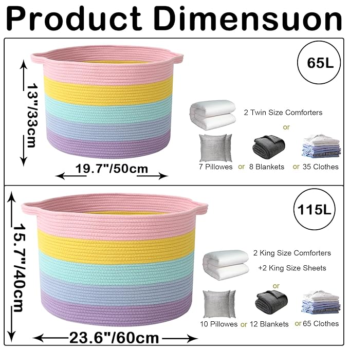 115L Large Blanket Basket,23.6" L x 23.6" W x 15.7" H Rope Woven Baskets with Handles, Toys Storage Bins,Laundry Basket Perfe