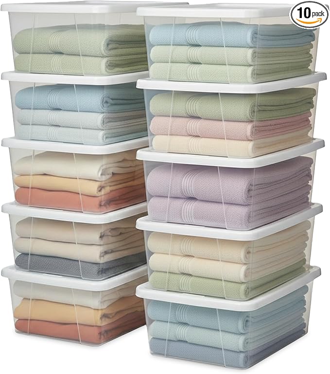 HOMZ 10-Pack Snaplock, Small Clear Plastic Storage Organizer Bins w/ Lids, 6 Quart, White - Stackable Container Boxes for Bed