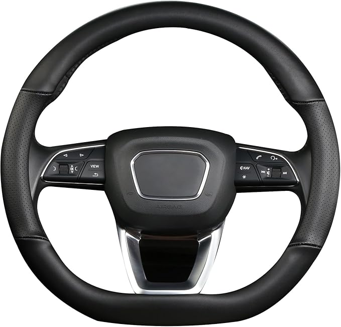 Cxtiy D Shaped Steering Wheel Cover, Genuine Leather Flat Bottom Stearing Wheel Cover Luxury Car Accessories 14 1/2-15 inch (Black)