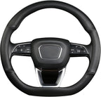 Cxtiy D Shaped Steering Wheel Cover, Genuine Leather Flat Bottom Stearing Wheel Cover Luxury Car Accessories 14 1/2-15 inch (Black)