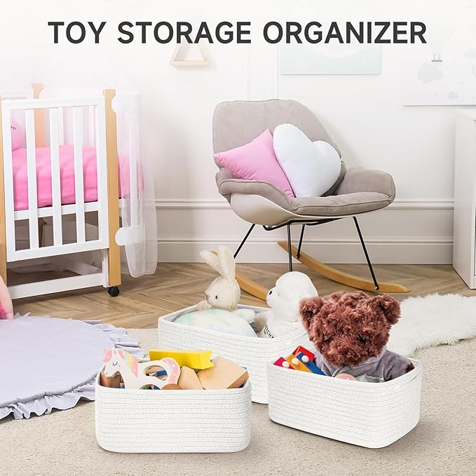 3-Pcs Shelf Baskets for Organizing, Closet Organizer Bins, Small Woven Baskets, Rope Toy Basket, Storage Basket for Shelves, 