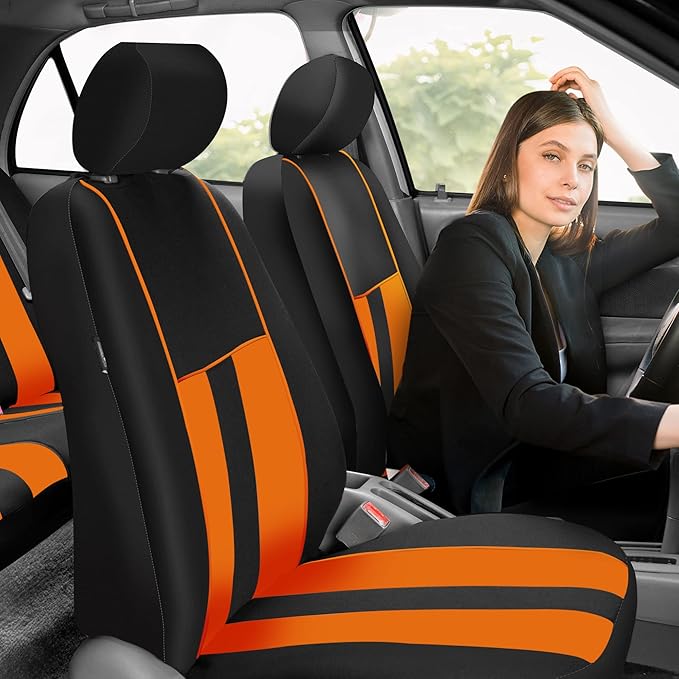 FH Group Orange Polyester Car Seat Covers - Full Set with Front and Rear Seat Cover, Universal Fit, Striking Striped Design, 