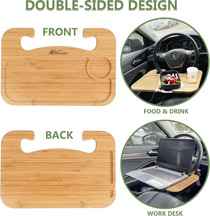 Steering Wheel Tray Double Sided Bamboo Car Laptop Steering Wheel Desk Multifunctional Car Food Trays Car Table Steering Wheel Tray for Eating, Tablet, iPad or Notebook Travel Car Accessories