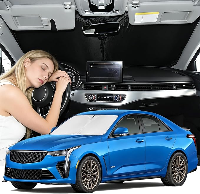 Windshield Sunshade for Cadillac CT5 2020-2026 Sun Shade Car Windshield Accessories Upgrade 4 Layers Blocks UV Rays Custom Fit CT5 240T Car Window Shades Front Windshield Keep Cool Foldable