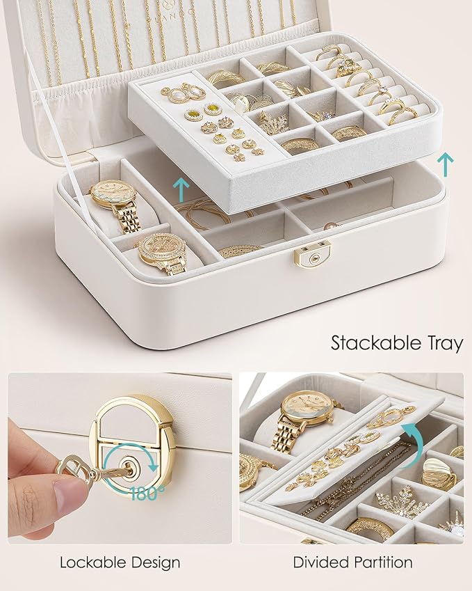 Vlando 2 Layer Jewelry Box,Jewelry Organizer Storage Lockable Earring Organizer Removable Jewelry Tray with Watch Pillow for 