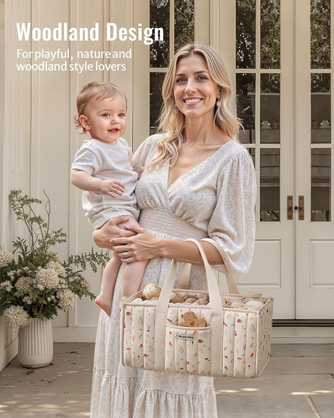 Blissful Diary Woodland Diaper Caddy Organizer, Stylish Nursery Storage Basket, Gift for Baby Shower, Newborn Essentials, Woo