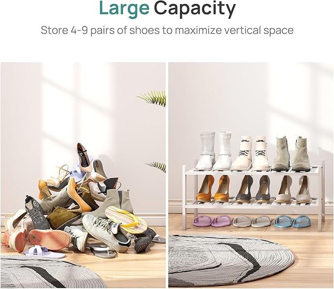 viewcare White Shoe Rack for Entryway, 2 Tier Shoe Organizer for Hallway Closet, Bamboo Wood Shoe Racks for Indoor Outdoor (W