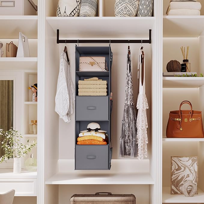 YOUDENOVA Hanging Closet Organizer, 5 Tier Hanging Closet Shelves with 6 Side Pockets and 2 Drawers, Grey