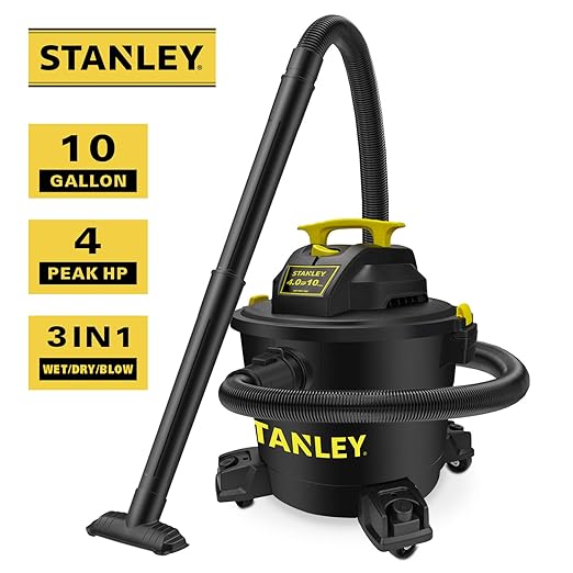STANLEY Wet/Dry Vacuum SL18191P, 10 Gallon 4 Horsepower 16 FT Clean Range Shop, Ideal for Home/Garage/Laundry Rooms with Atta