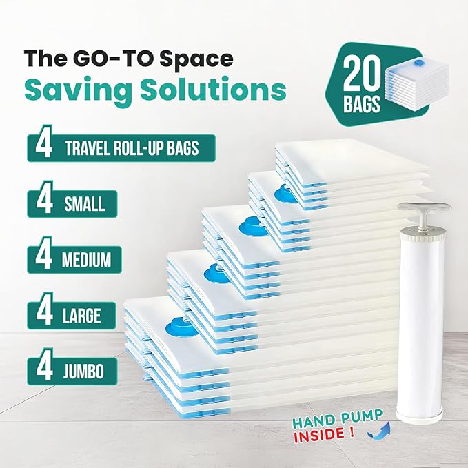 20 Pack Vacuum Storage Bags, Plastic Space Saver Seal Bags (4 Jumbo/4 Large/4 Medium/4 Small/4 Roll) Compression for Clothes,