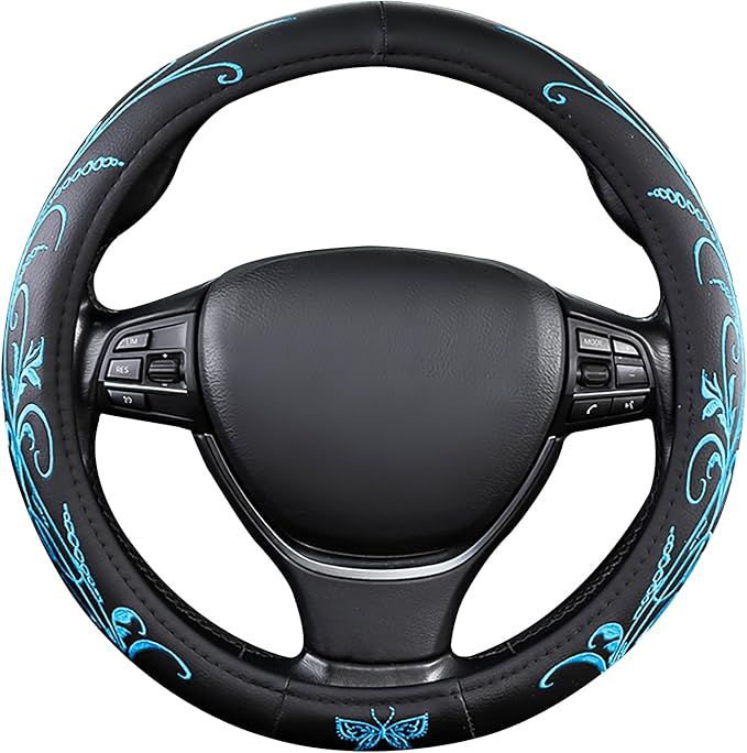 Car Leather Steering Wheel Cover - Panapi Material, Universal 14.5-15 Inch Leather Anti-Slip Breathable Auto Steering Wheel C