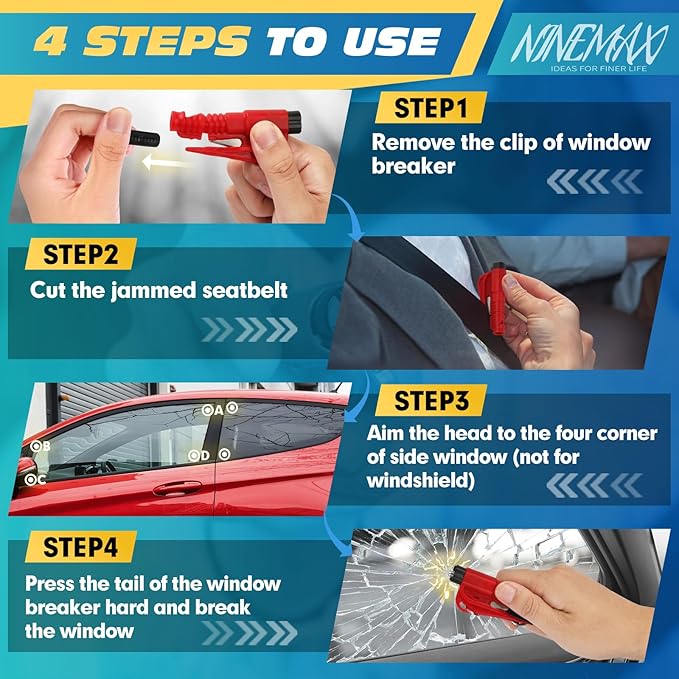 NINEMAX Car Window Breaker Seatbelt Cutter, Pack of 8 Glass Breaker Keychain, 3 In 1 Car Escape Tool Safety Emergency Hammer 