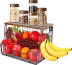 Livabber Fruit Basket for Kitchen, Metal Fruit Vegetable Storage Bin with 2 Banana Hangers, Countertop Wire Basket Organizer 