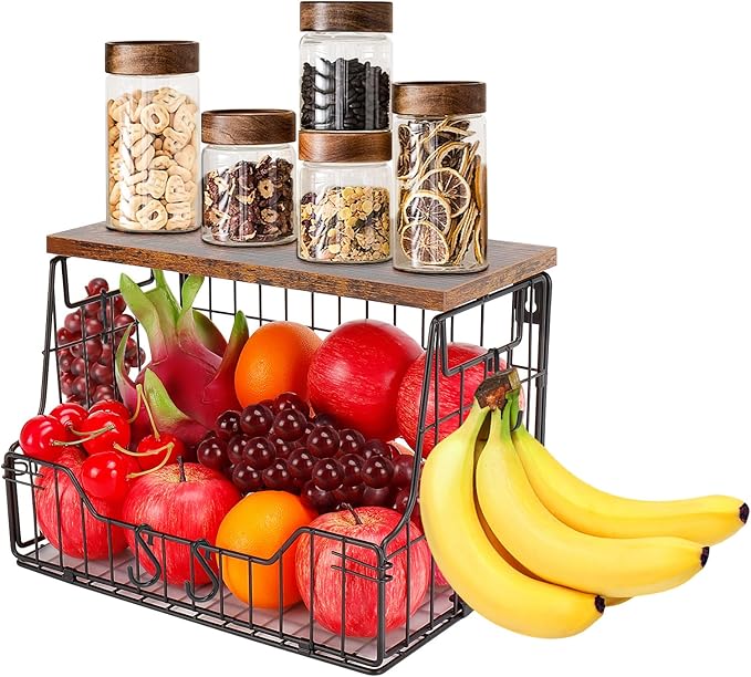 Livabber Fruit Basket for Kitchen, Metal Fruit Vegetable Storage Bin with 2 Banana Hangers, Countertop Wire Basket Organizer 