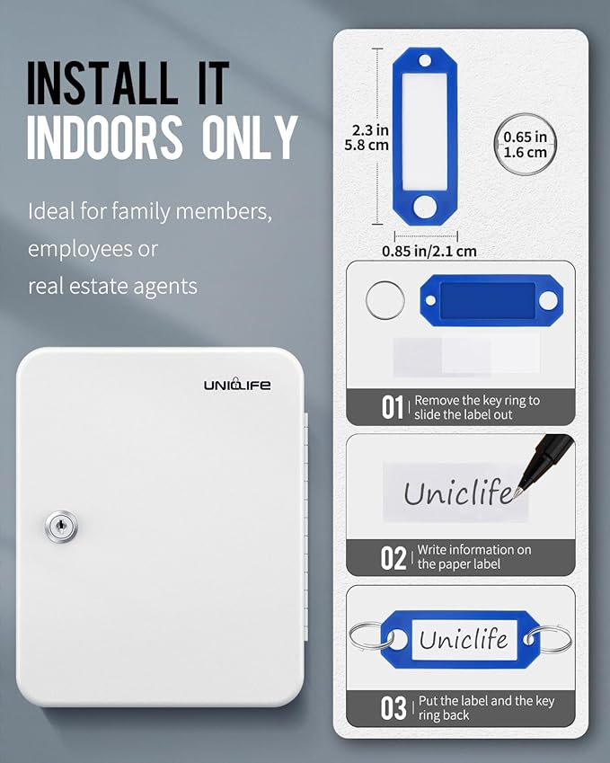 Uniclife 28 Position Key Cabinet with Key Lock Wall Mounted White Security Storage Box Steel Key Organizer with Colorful Key 