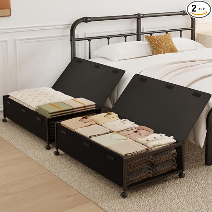 2 Pack Under the Bed Storage Containers,10 inch Height Under Bed Shoe Storage,31inch Long Underbed Storage with Wheels,Large 