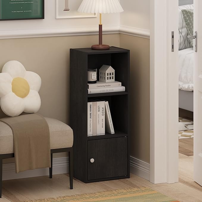 Furinno LUDER Book Shelf, 3-Tier Modern Bookshelf, Bookcase with 1 Door Storage Cabinet, 9.3 x 12 x 31.5, for Organization an