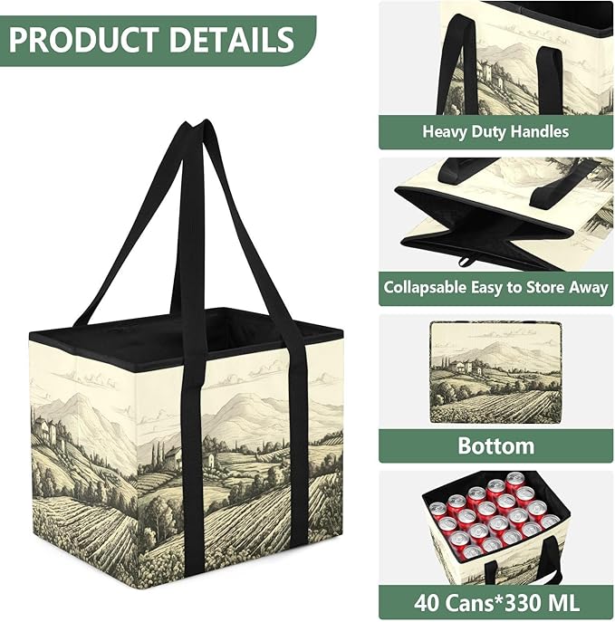 Tuscan Countryside Reusable Grocery Bags Large Shopping Tote Bag with Reinforced Bottom Board, Water Resistant Foldable Stora