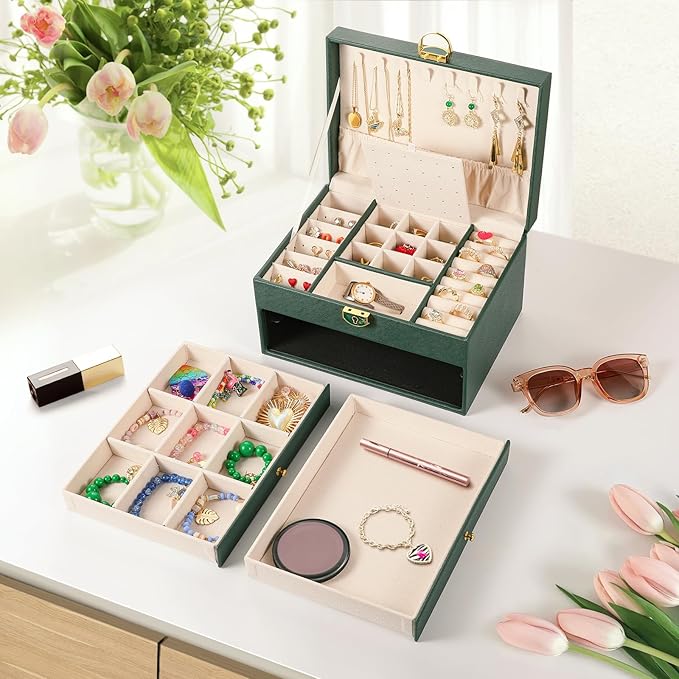 coobest 3 Layer Jewelry Box, Jewelry Holder Organizer with 2 Drawer Tray, Large boxes for Women Velvet Earring Organizer, Loc