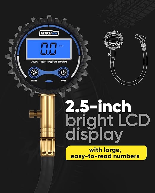 Digital Tire Pressure Gauge 200 PSI - Accurate Air Pressure Gauge for Tires with Easy-to-Read Numbers & 45° Angle Chuck