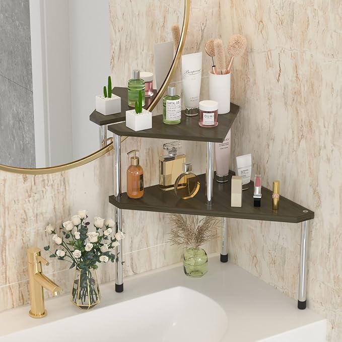Weenson Bathroom Counter Organizer Corner Shelf - 2 Tier Bathroom Organization Bamboo Bathroom Sink Shelf Kitchen Countertop 