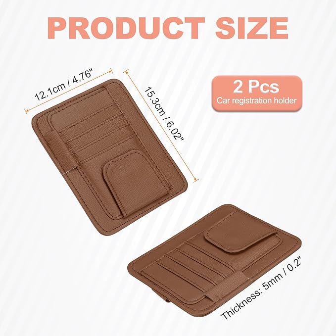 HARFINGTON 2Pcs Car Sun Visor Organizer 6.02" x 4.76" Leather Multi-Pocket Visor Card Sleeve Pocket Car Truck SUV Interior Storage Pouch for Driving License Credit Card Bill Sunglasses, Brown