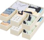 12 Pack Linen Drawer Organizer Set – Collapsible Fabric Storage Bins for Baby Clothes, Diapers, Socks, Bras & More (Beige, 3 