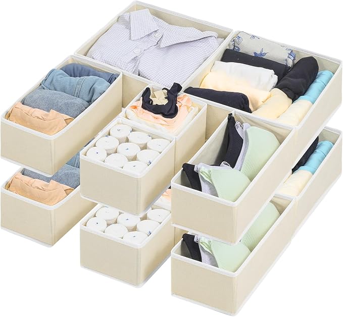 12 Pack Linen Drawer Organizer Set – Collapsible Fabric Storage Bins for Baby Clothes, Diapers, Socks, Bras & More (Beige, 3 