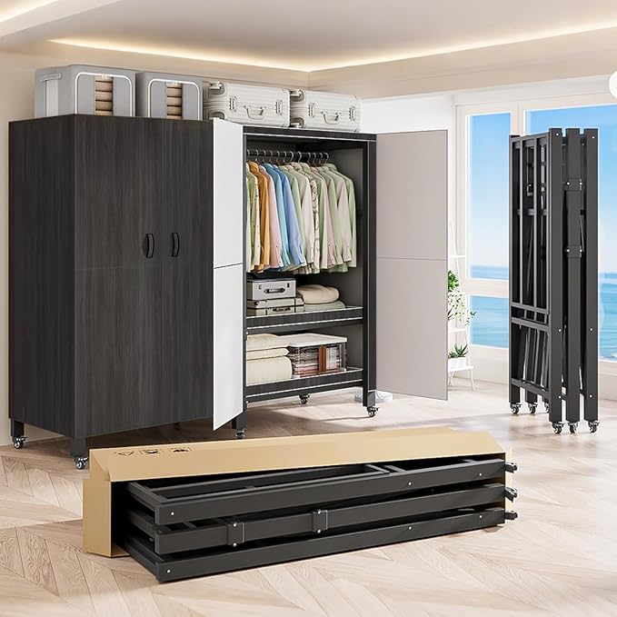 Heavy Duty Covered Clothes Rack with Magnetic Door Foldable Portable Wardrobe Closet for Hanging Clothing Rolling Black Metal