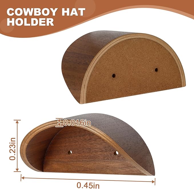 2-Pack Wall-Mounted Wooden Hat Rack| Non-Damage Brim Design Keeps Hat Shape | Wooden Holder with Satin Finish Hooks | Western