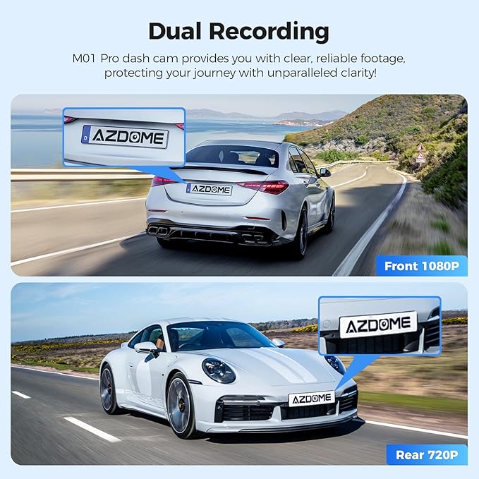 AZDOME M01 Dual Dash Cam Front and Rear with Free 64GB Card, 3" Screen Dual Dashboard Camera for Car, Built-in ADAS G-Sensor,