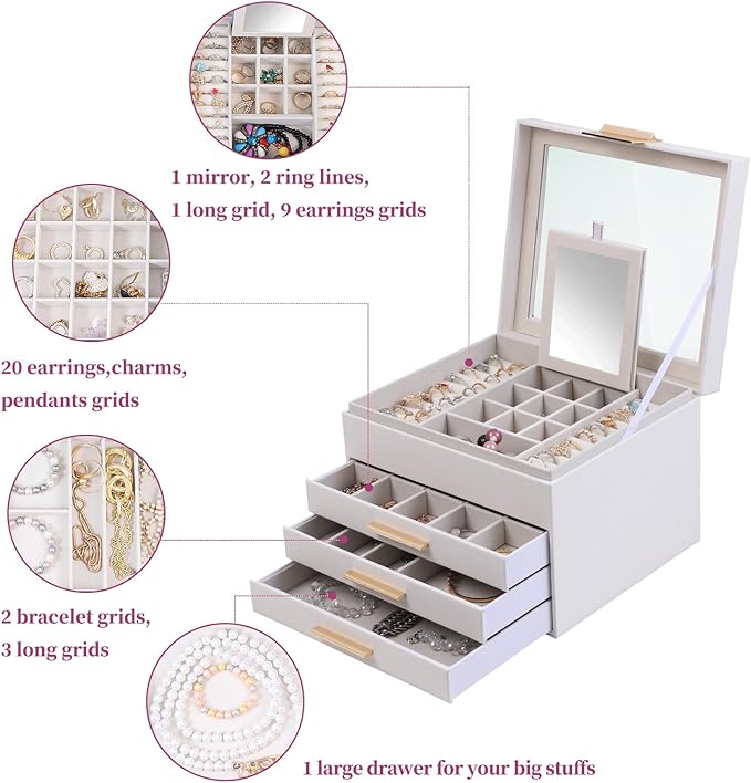 BOOVO Clear Lid Jewelry Box,4 Layers Jewelry Organizer Large Jewelry Storage Box with 3 Drawers,Jewelry Holder Organzier of R