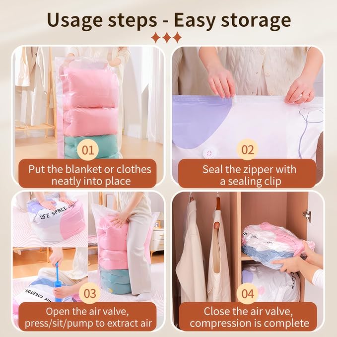 4 Pack Vacuum Storage Bags, Space Saver Bag Vacuum Seal Bags for Clothing Travel Moving Blankets Pillows Storage and Organiza