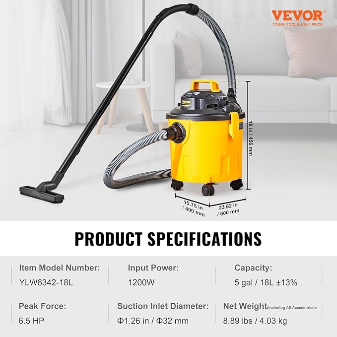 VEVOR 5 Gallon 6.0 Peak HP Wet and Dry Shop Vac， Portable Shop Vacuum and Blower 3-in-1 with Filter, Hose and Attachments for