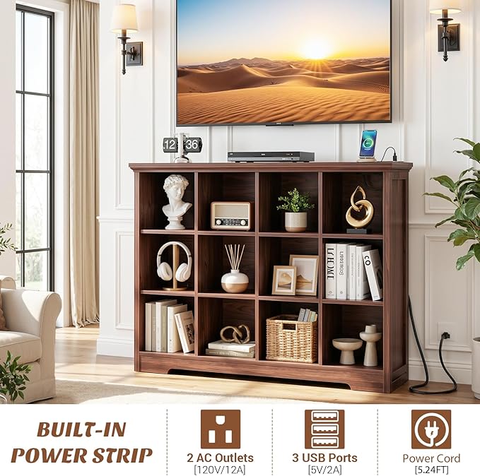 Aheaplus Wooden 12-Cube Storage Organizer with Charging Ports, Modern Cube Bookcase with Base, 4-Tier Floor Standing Open Cub