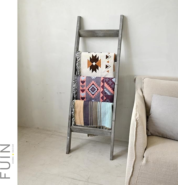FUIN 5ft (58") Wood Blanket Ladder Living Room Decorative Wall Leaning Farmhouse Quilt Display Holder Storage Rustic Wooden T